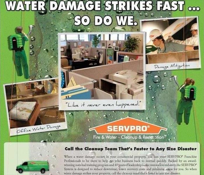 Graphic depicting office water damage and mitigation with headline “Water Damage Strikes Fast—So Do We.”   