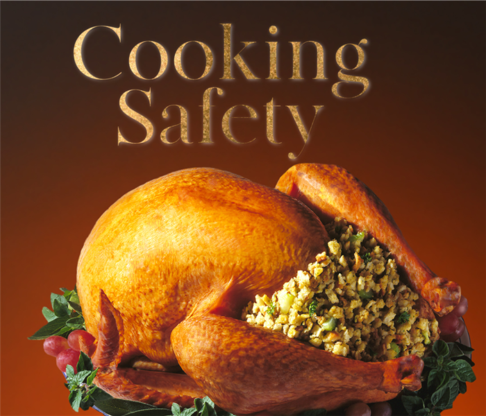 Stuffed Thanksgiving turkey with graphic reading "Cooking Safety"