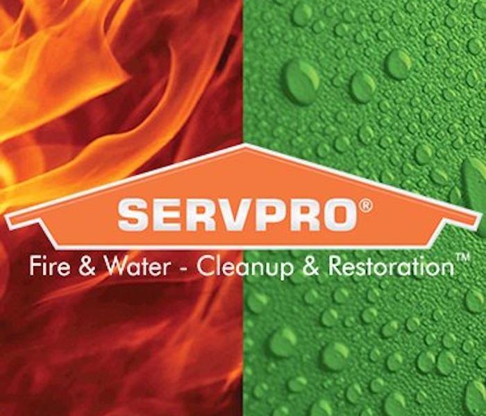 graphic showing SERVPRO logo superimposed over water drops and fire