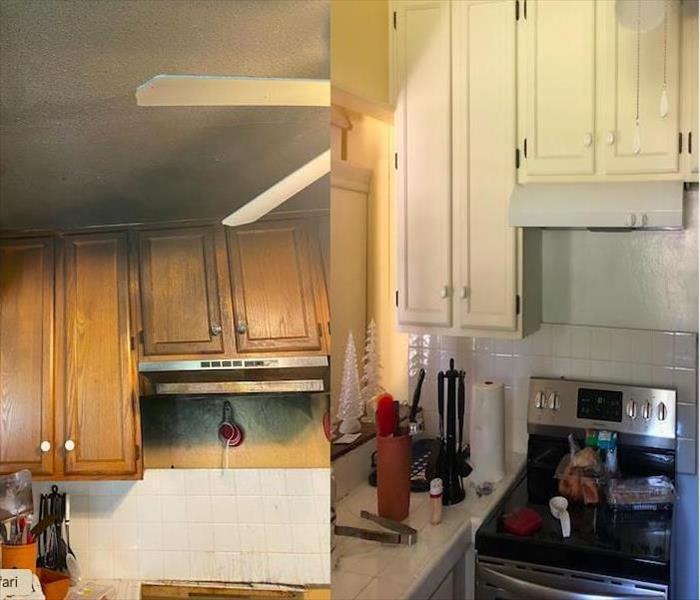 before and after photo, left side shows smoke damage, right shows restored kitchen