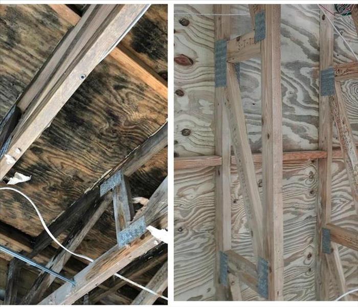 Before and after photo, left side shows mold on trusses before remediation, left shows trusses without mold after remediation