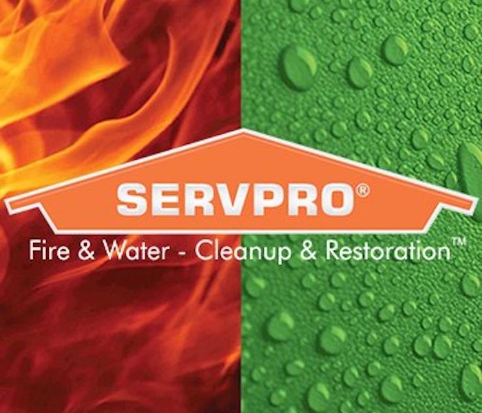 graphic with SERVPRO logo over fire and water